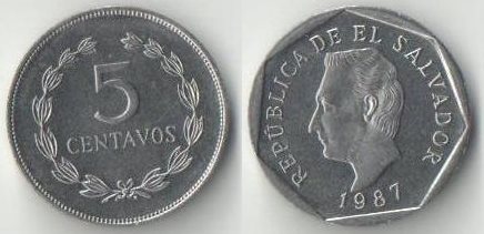 Сальвадор 5 сентаво 1987 год (нержавеющая сталь) (редкий тип и номинал)