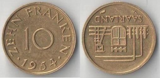Германия (Саарленд) 10 франков 1954 год
