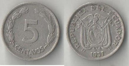 Эквадор 5 сентаво 1937 год (год-тип, редкий тип и номинал)