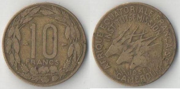 Экваториальная африка Французская (Камерун) 10 франков 1958 год (тип I, год-тип) (алюминий-бронза)