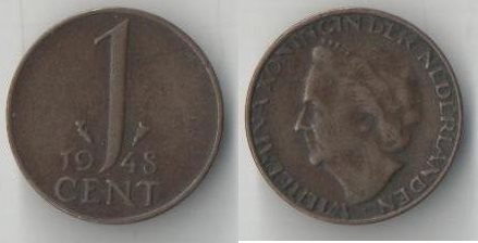 Нидерланды 1 цент 1948 год (год-тип) (Вильгельмина)