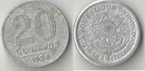 Бразилия 20 сентаво 1958 год (нечастый тип и номинал)