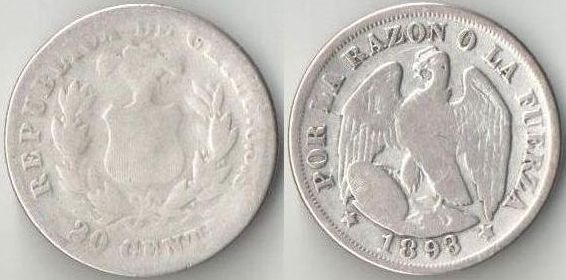Чили 20 сентаво 1893 год (серебро)