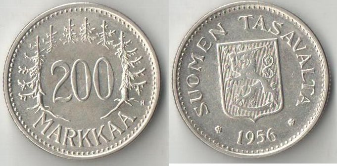 Финляндия 200 марок 1956 год (серебро)