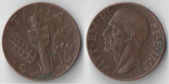 Италия 10 чентезимо 1938 год (медь)