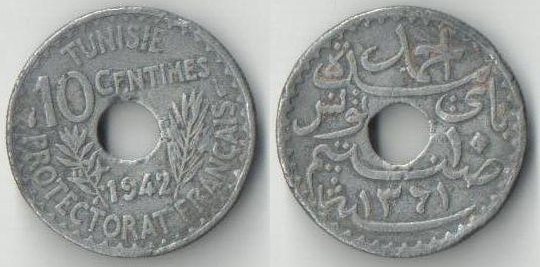 Тунис Французский 10 сантимов 1942 год (цинк)