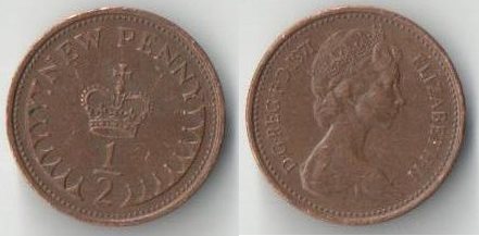 Великобритания 1/2 пенни (1971-1981) (Портрет тип 1971 г. (тип I)