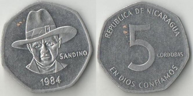 Никарагуа 5 кордоба 1984 год (тип II) (никель-сталь) (Сандино)