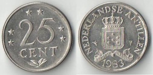 Нидерландские Антиллы 25 центов  (1982-1988) (Беатрикс, тип I, птичка)