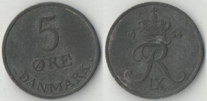 Дания 5 эре (1954-1955) NS (цинк)