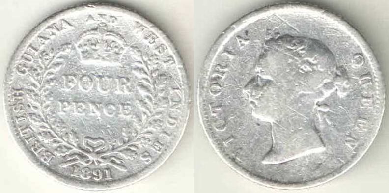 Гайана Британская и Вест-Индия 4 пенса 1891 год (тип 1891-1901) (Виктория) (серебро)