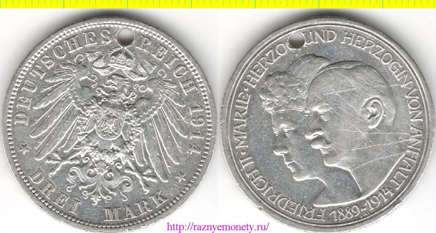 Германия (Анхальт) 3 марки 1914 год - Фридрих II и Мария - Серебряная годовщина свадьбы (серебро 16 г) отверстие