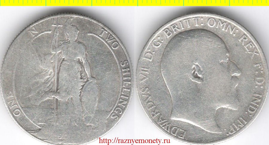 Великобритания 1 флорин (2 шиллинга) 1902-1910 год (серебро 11 г) Эдуард VII