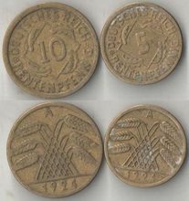 Германия (Веймарская республика) 5, 10 RENTEN пфеннигов 1924 год А