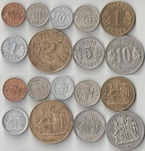 Исландия 1, 10 (2 шт), 25 эре, 1 (2 шт), 2, 5, 10 крон (1958-1978)