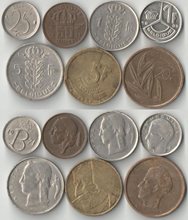 Бельгия 25, 50 сантимов, 1 (2 шт), 5 (2 шт), 20 франков (1965-1989) (Belgique)
