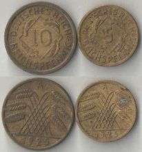 Германия (Веймарская республика) 5, 10 REICHS пфеннигов 1925 год А