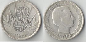 Уругвай 50 сентесимо 1943 год (серебро)