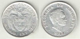 Колумбия 20 сентаво 1938 год (серебро) (редкий тип)