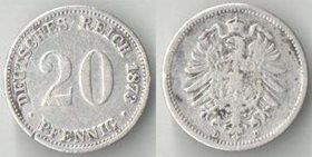 Германия (Империя) 20 пфеннигов 1873 год D (серебро) (нечастый тип и номинал)