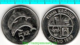 Исландия 5 крон 1999 год (тип 1996-2008, никель-сталь)