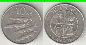 Исландия 10 крон (1984, 1987, 1994) (тип II) (медно-никель)