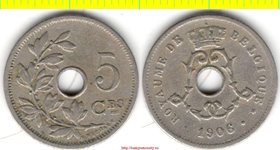 Бельгия 5 сантимов 1906 год (тип 1904-1907, Belgique) (Леопольд II)