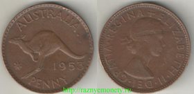 Австралия 1 пенни 1953 год (Елизавета II) (тип Iб, год-тип, редкость) с точкой
