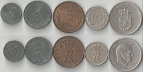 Дания 1, 2, 5, 10 эре, 1 крона (1959-1972)