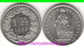 Швейцария 1 франк 1982 год (медно-никель, тип II, год-тип)