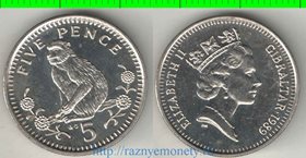 Гибралтар 5 пенсов (1988-1990) (Елизавета II) (обезьяна) (тип I, диаметр 23.6 мм)