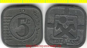 Нидерланды 5 центов 1942 год (тип 1941 - 1943, цинк) Вильгельмина I