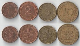Германия (ФРГ) 1, 2, 5, 10 пфеннигов (1950-1996) (тип II)
