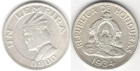 Гондурас 1 лемпира 1934 год (серебро)