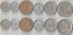 Исландия 10 (2 шт) эре, 1 (2 шт), 2, 5 крон (1963-1978)