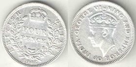 Гайана Британская 4 пенса 1942 год (тип 1938-1943) (Георг VI) (серебро) (тип I)
