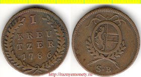 Австрийские штаты - Зальцбург 1 крейцер 1786 год (тип 1786, 1790) РЕДКОСТЬ