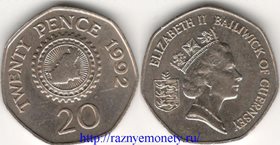 Гернси 20 пенсов (1985-1997) год (Елизавета II) (тип I)
