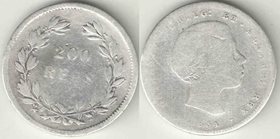 Португалия 200 рейс 1854 год (Педру V) (серебро) (редкий тип и номинал)