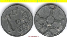 Нидерланды 1 цент 1942 год (тип 1941 - 1944, цинк) Вильгельмина I