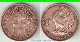 Мадагаскар Французский 1 франк 1943 год (петух) (бронза)