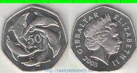 Гибралтар 50 пенсов 2003 год (Елизавета II) (нечастый тип) (дельфины)
